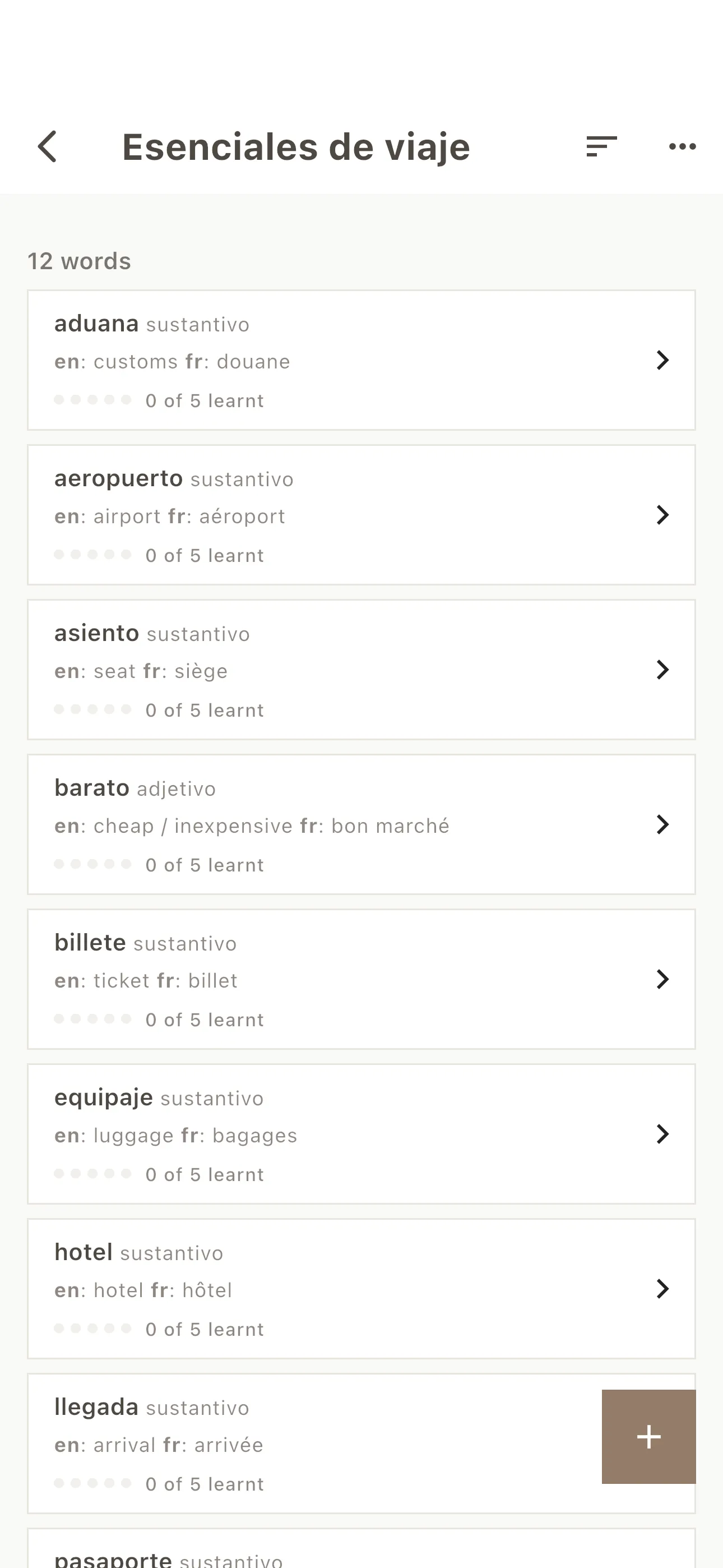 Travel Essentials vocabulary list in AI Vocabulary Builder