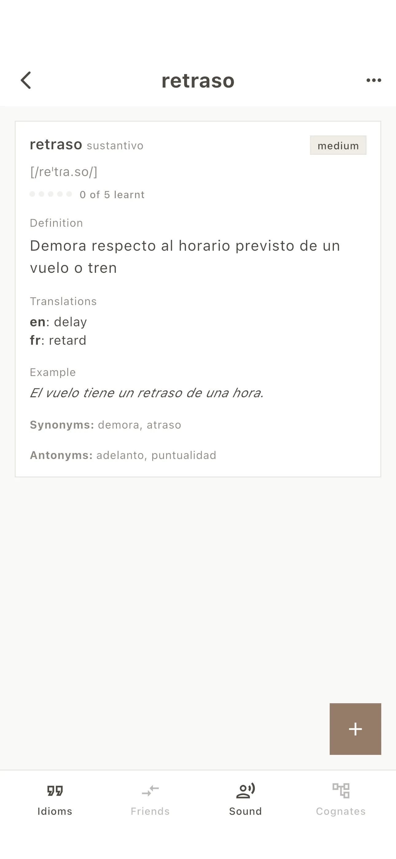 Word detail for retraso in AI Vocabulary Builder